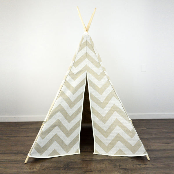 Kids Teepee Tent in Oatmeal and Beige Large Chevron Zig Zag