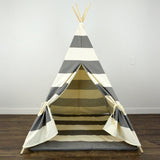 Kids Teepee Tent with Play Mat in Dark Gray and Beige Large Stripe