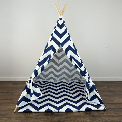 Kids Teepee Tent with Matching Mat in Navy Blue and White Large Chevron Zig Zag