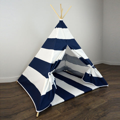 Kids Teepee Tent with Matching Mat in Navy Blue and White Large Stripe