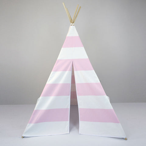 Girls Teepee Tent in Light Pink and White Large Stripe