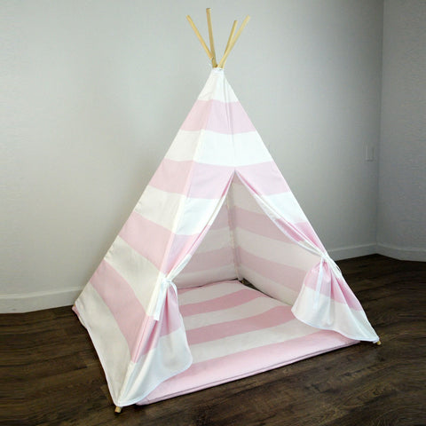 Girls Teepee Tent with Play Mat in Light Pink and White Large Stripe