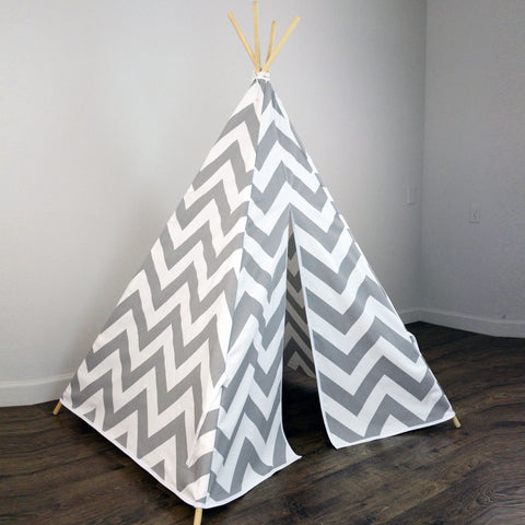 Kids Teepee Tent in Gray and White Large Chevron Zig Zag