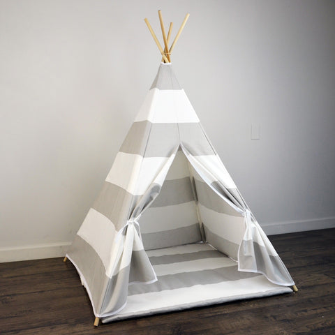 Kids Teepee Tent with Matching Mat in Gray and White Large Stripe